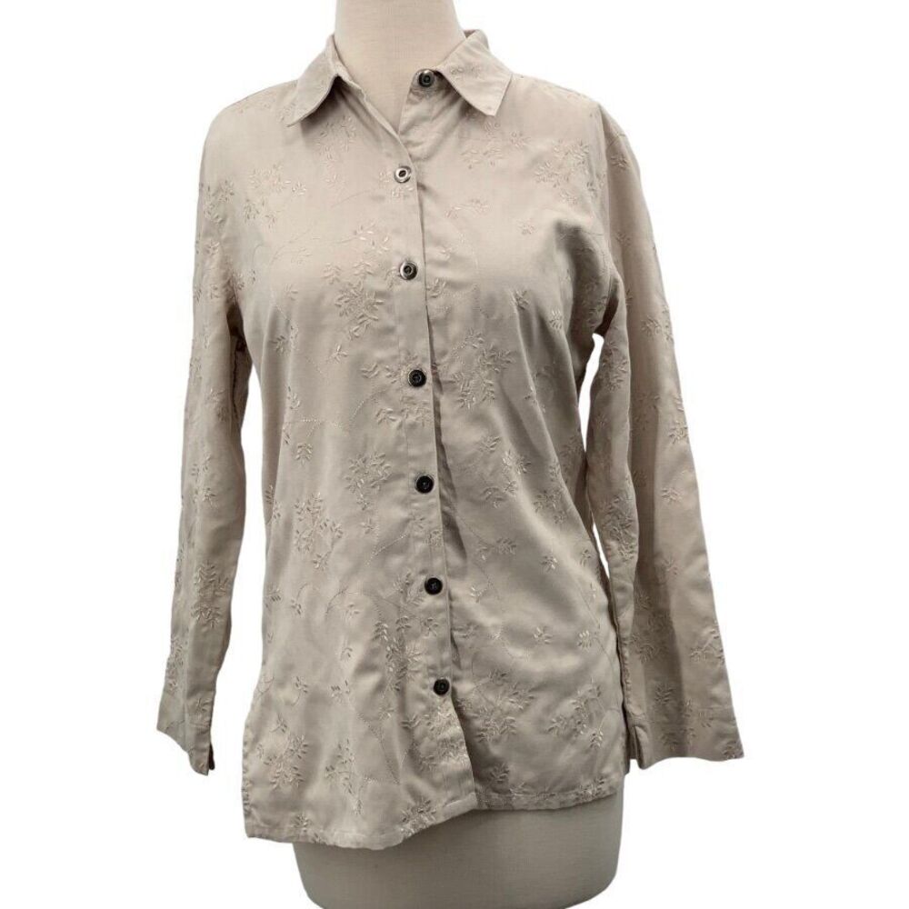 Chico's‎ Design LS Button Front Tunic/Shirt Beige Embroidered Faux Suede 0/Small